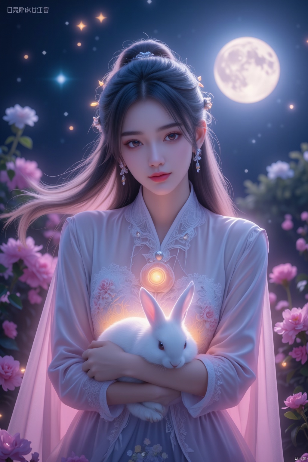 In a dreamlike scene, a woman embodying the Chang'e beauty stands out against a vibrant, fluorescent background teeming with stars. Her clean and beautiful face radiates serenity as she wears a kaleidoscope of colors that seem to shift and shimmer in harmony with the celestial bodies above. She holds a white rabbit close to her heart, while the glowing moon casts an ethereal light on the entire composition.