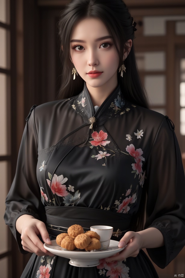 Portrait photography, a beautiful woman in black kimono adorned with flowers. is wearing a black cheongsam, holding a plate of mooncakes in her hand, a tea set on the table, Off shoulder,sexy
