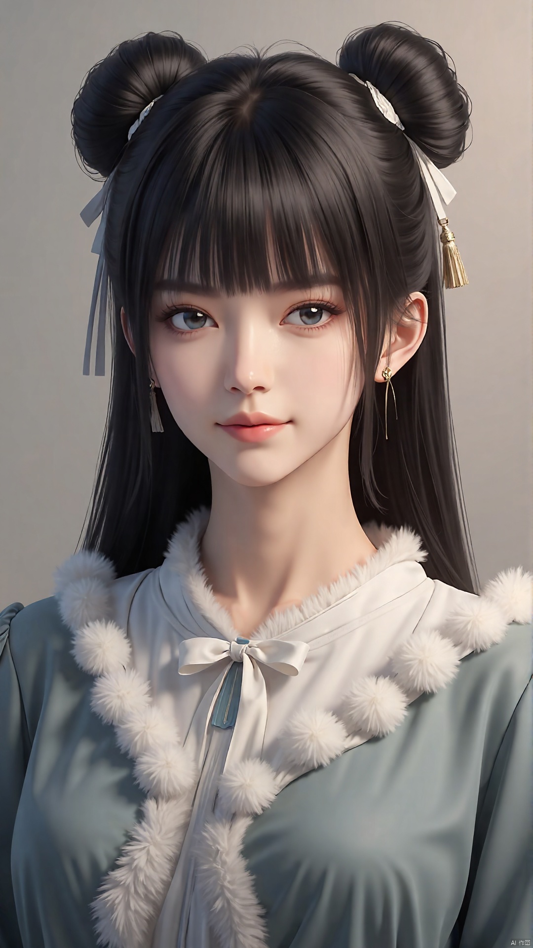 lips,brown eyes, grey eyes,nose,long hair,bangs,ribbon,double bun,hair ornament, blunt bangs, long sleeves,realistic,black hair, tassel,ribbon, smile, blue eyes,hair bun, shirt, puffy sleeves, puffy long sleeves, pom pom (clothes),fur trim,