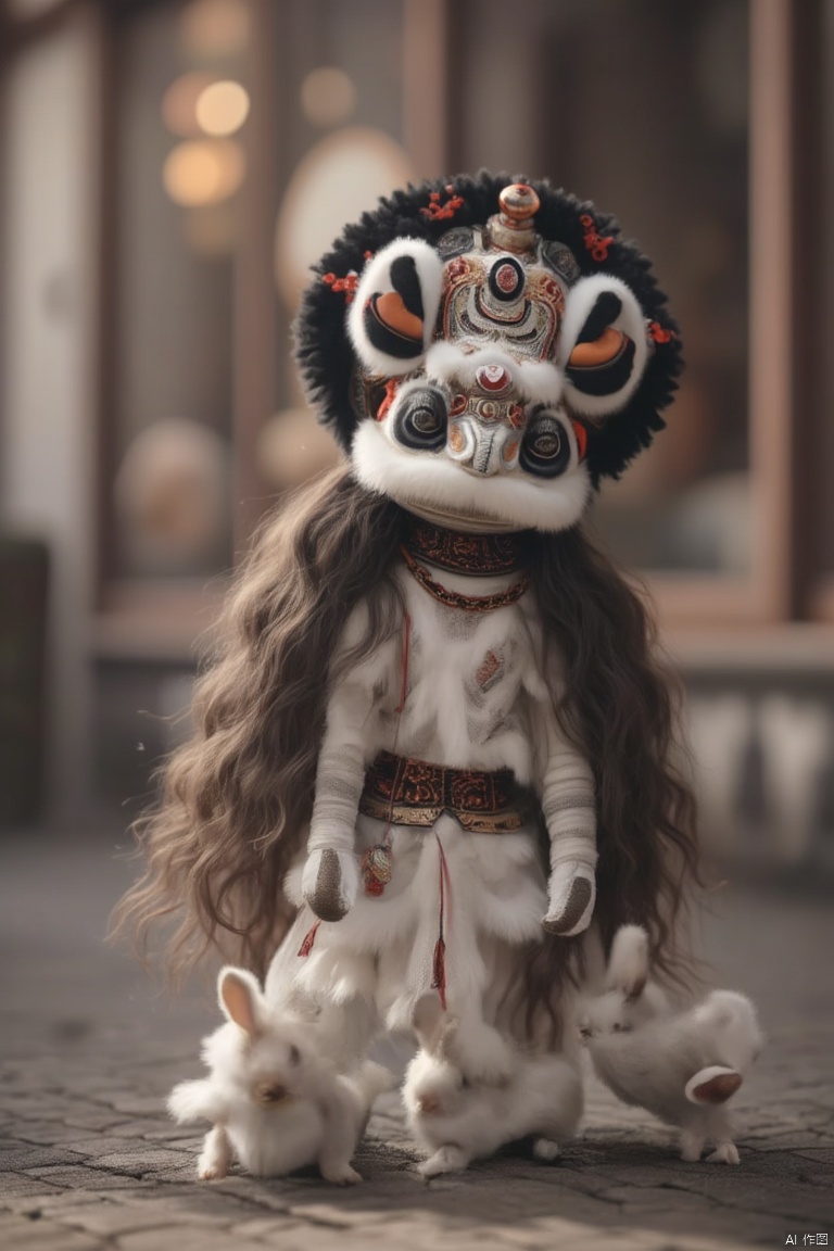 lion dance,
 The creature, adorned with a large white face, is adorned with red accents. Its head is encircled by a large black circle, adding a touch of contrast to the scene. The doll's long, brown hair, and a brown crown, adds a pop of color to the otherwise monochromatic scene. Two small white rabbits are positioned to the right of the doll, while the rest of the scene is blurred in the background.,lion dance