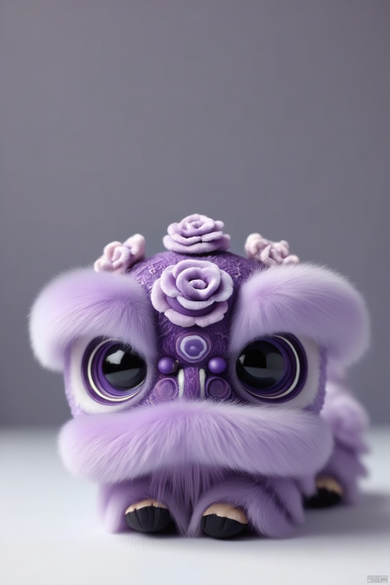 lion dance
A close-up shot of a purple stuffed animal on a white surface. The animal has a large black eye in the center of its face. The eyes are large and round. The head of the animal is adorned with a purple hat that has three white flowers on top of it. The fur on the animal's head is thick and fluffy. The background is a solid gray color.