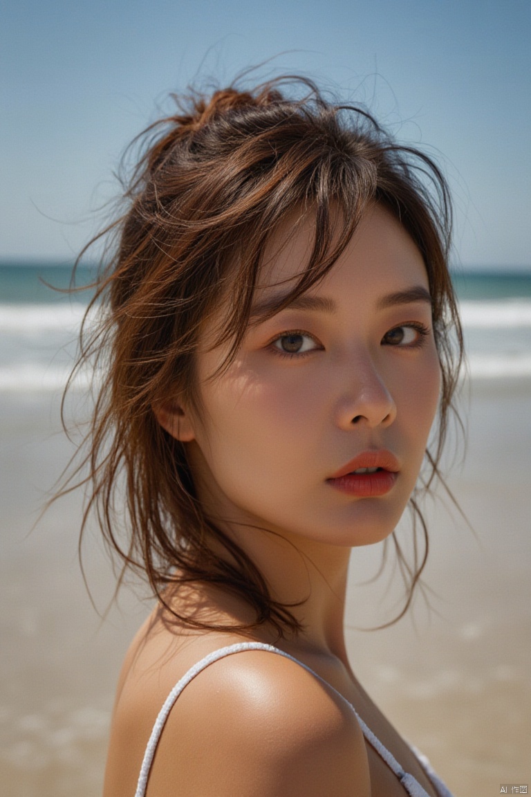 ( chiaroscuro,Fujicolor, UHD, super detail ,raw,85mm,f/1.2,FujifilmXT4,),1girl,selfie,sea, wind, messy hair, sunshine, beach, (aesthetics and atmosphere:1.2)

