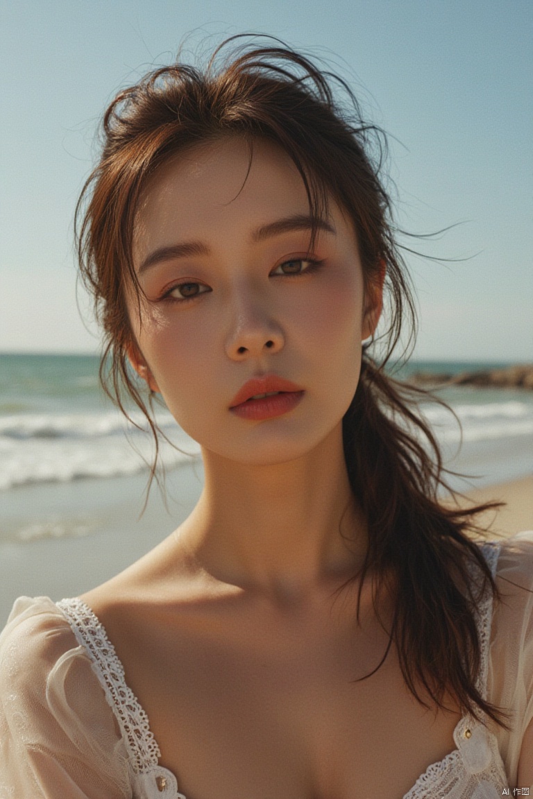 ( chiaroscuro,Fujicolor, UHD, super detail ,raw,85mm,f/1.2,FujifilmXT4,),1girl,selfie,sea, wind, messy hair, sunshine, beach, (aesthetics and atmosphere:1.2)
