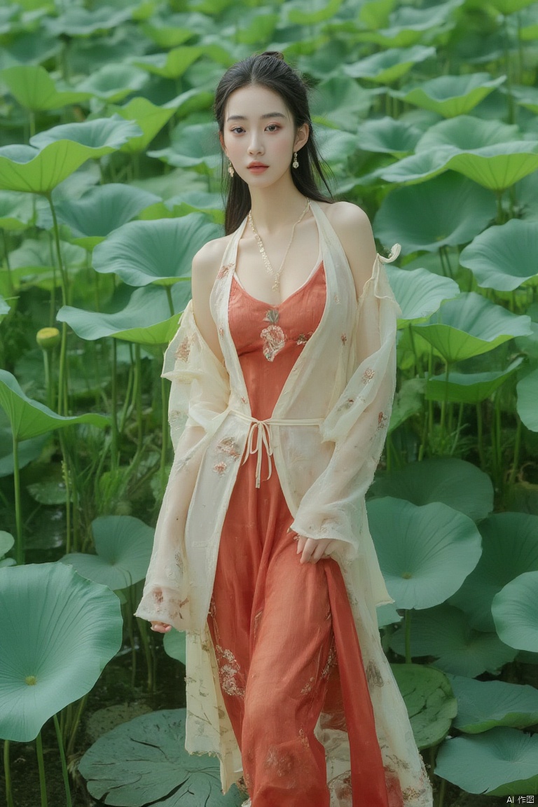 a young Asian woman stands in a field of lily pads. She is dressed in a traditional Chinese dress, adorned with a cream-colored kimono-style jacket and a red skirt. Her hair is pulled back in a bun, adding a pop of color to the scene. Her eyes are a piercing blue, and her hair is styled in a ponytail. The backdrop is a verdant green, and the leaves of the lotus are a vibrant shade of green.