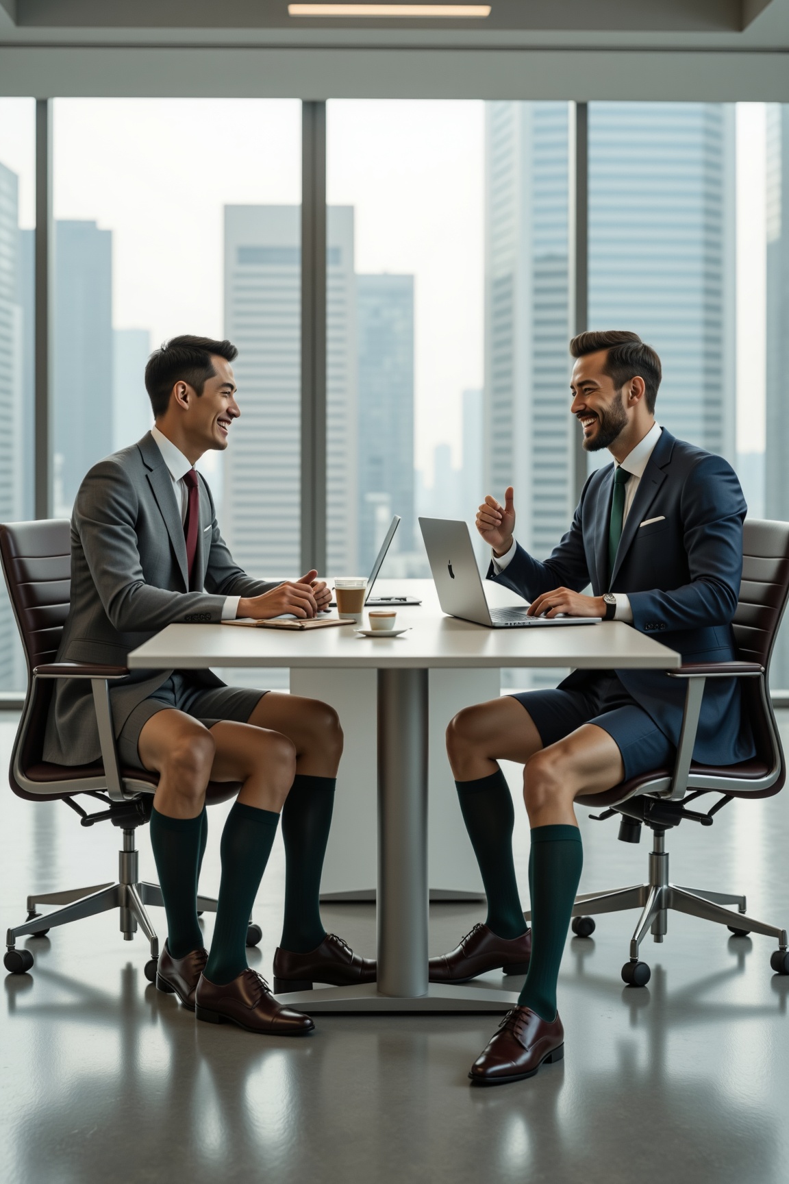 Two handsome businessmen in their 30s,  different ethnicity,  sitting in a modern office boardroom. They're wearing contra...