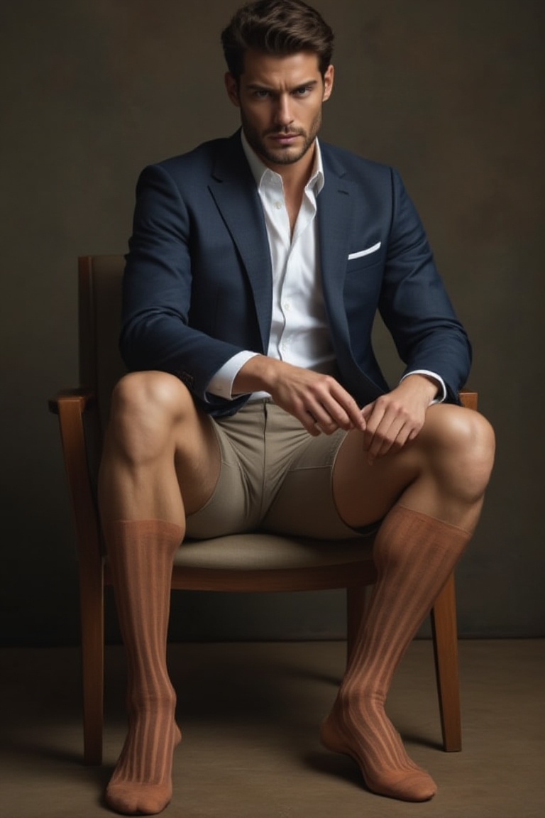 handsome suit man with bermuda shorts in 30s,  sitting on a chair and wearing socks and adjusting his socks,  otc socks wi...