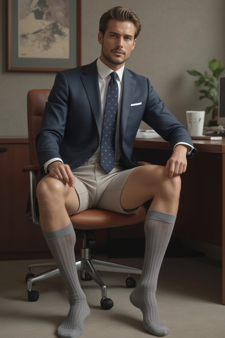 handsome suit man with bermuda shorts in 30s,  working in the office and sitting on a chair and wearing socks and adjustin...