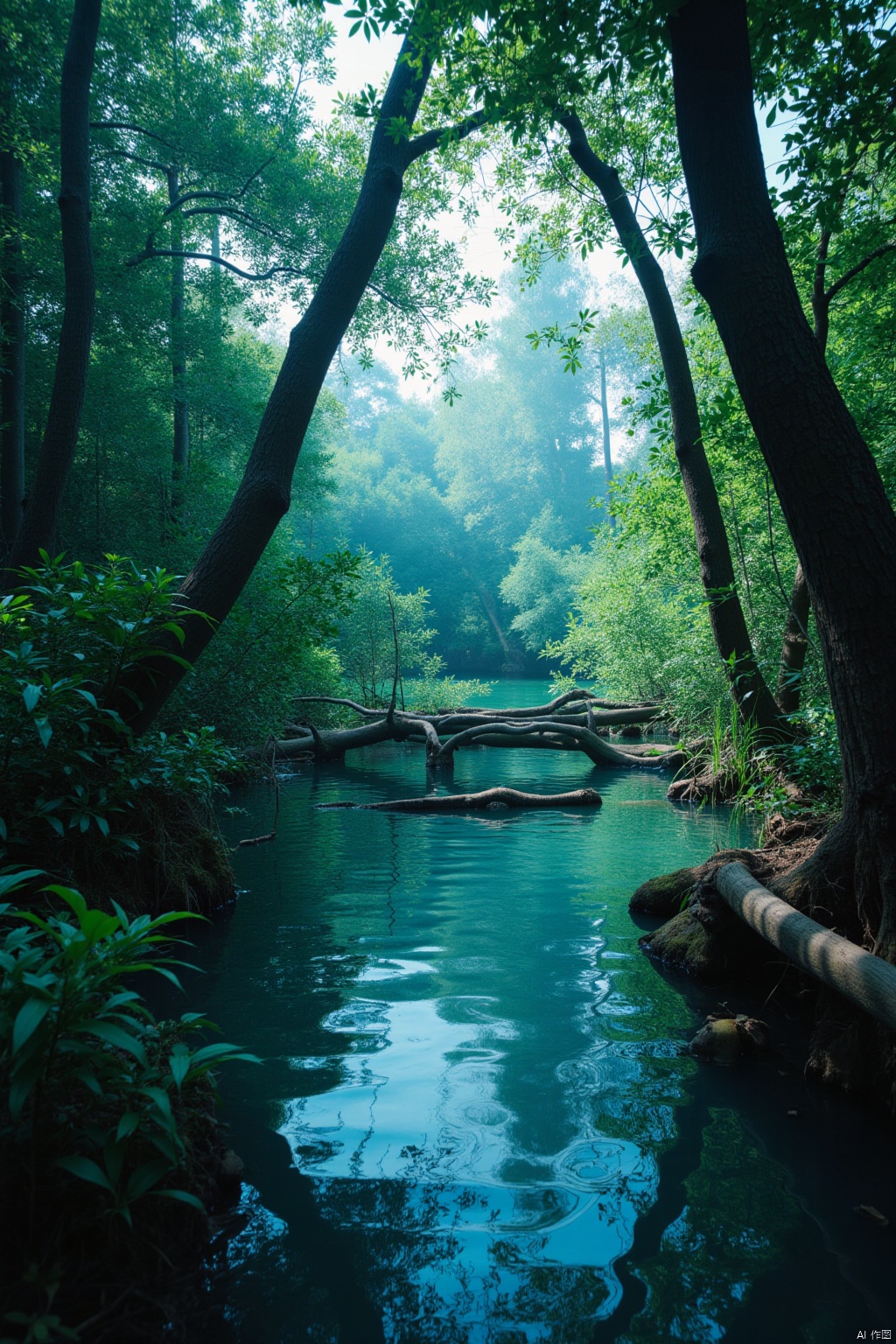 Cyberpunk style,outdoors, day, water, tree, no humans, plant, nature, scenery, forest, reflection
