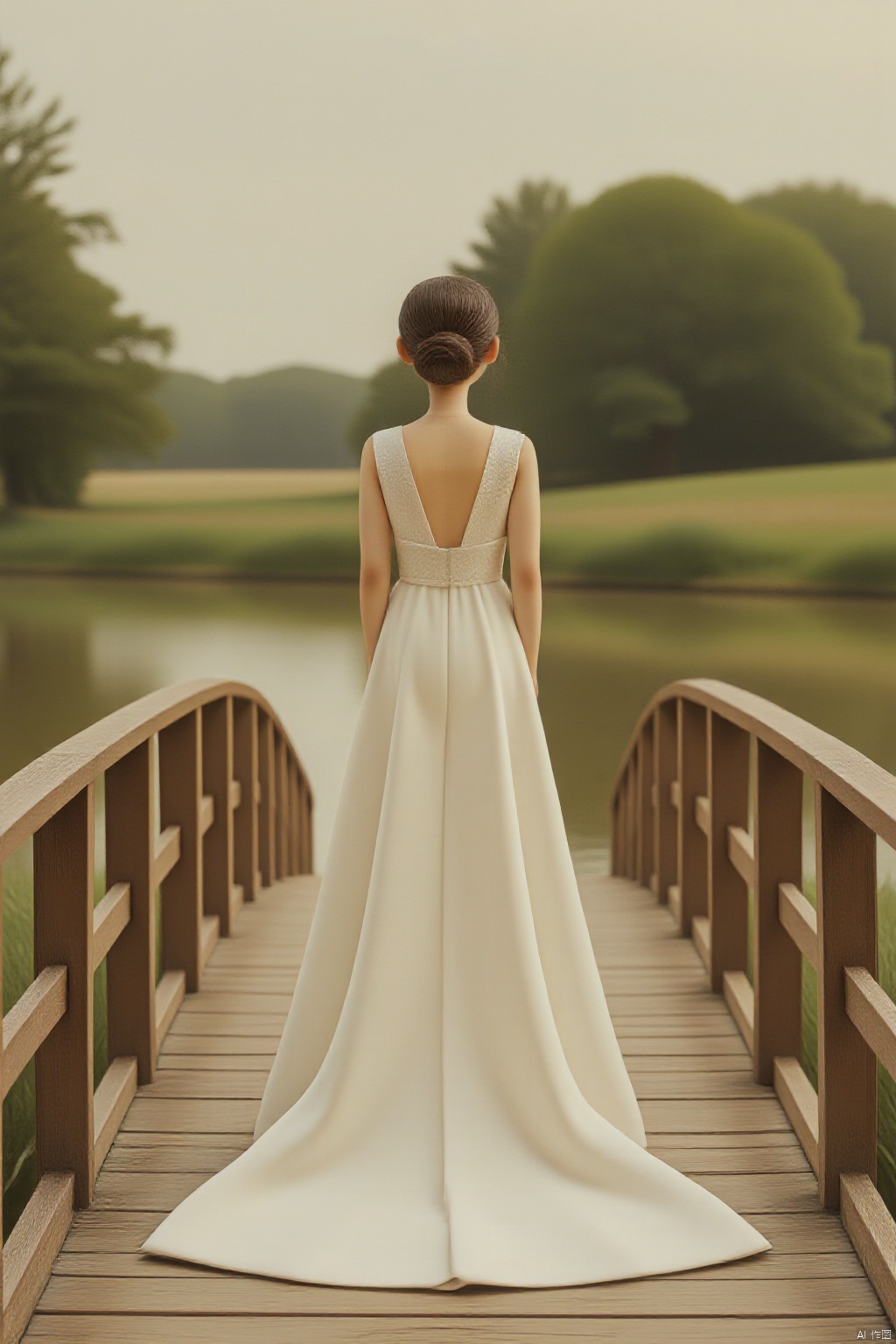 A girl in a wedding dress stood on a bridge by the river.