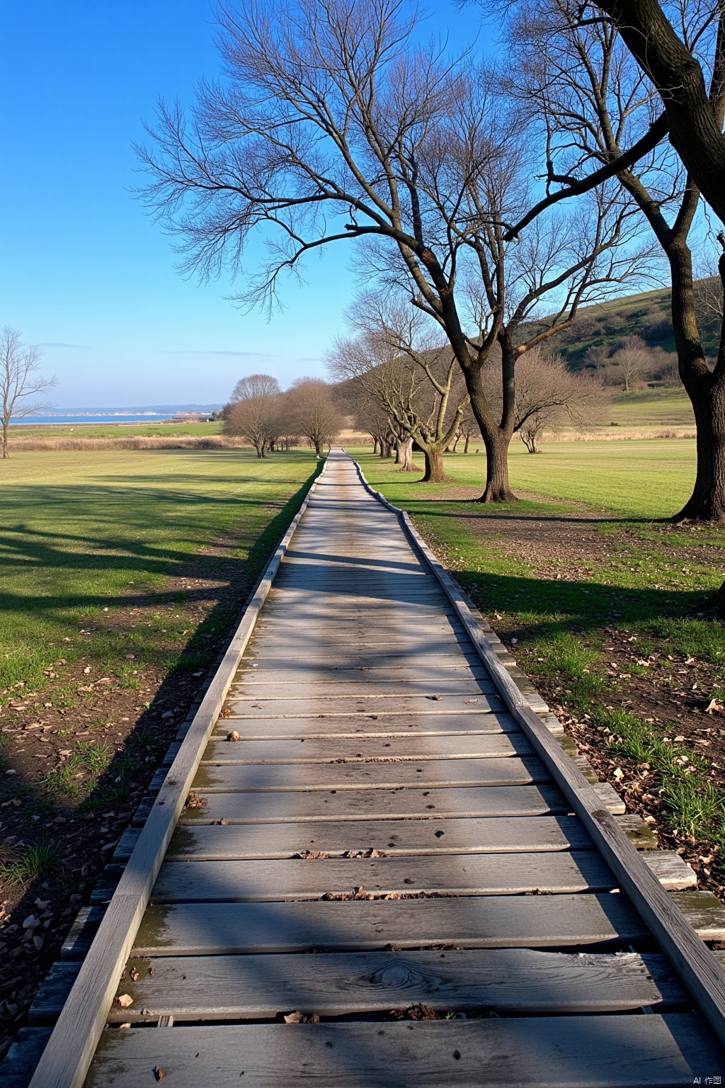 A rustic wooden plank road stretches across a sun-kissed meadow, weathered wood grain visible under a layer of worn earth and scattered leaves. The horizon stretches out before it, a gentle slope meeting the blue sky. A few trees stand sentinel along the way, their branches stretching towards the road like nature's own guardrails.