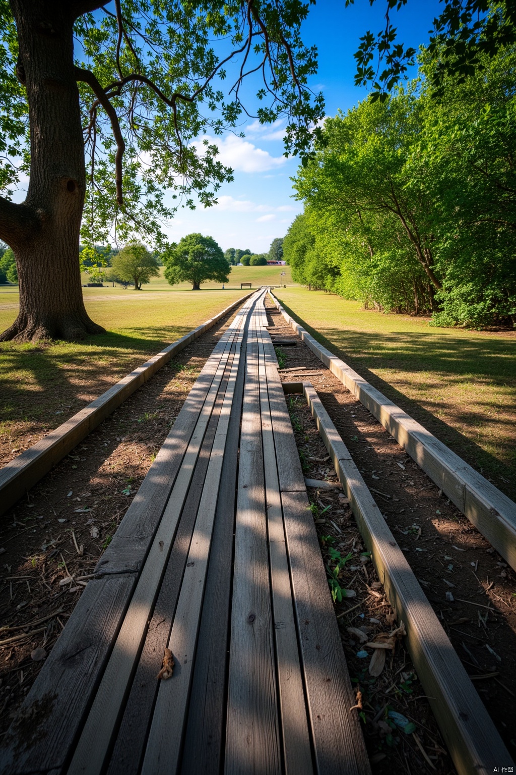 A rustic wooden plank road stretches across a sun-kissed meadow, weathered wood grain visible under a layer of worn earth and scattered leaves. The horizon stretches out before it, a gentle slope meeting the blue sky. A few trees stand sentinel along the way, their branches stretching towards the road like nature's own guardrails.