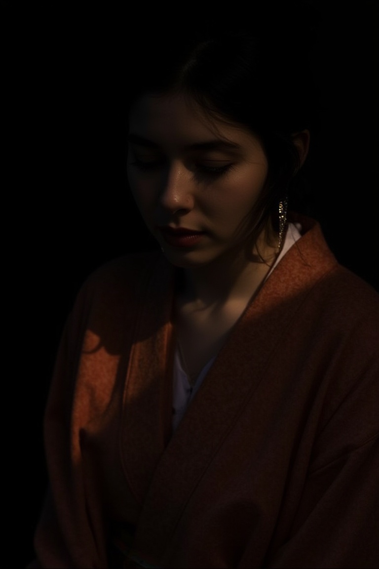 A Japanese woman,  softly illuminated from the side,  her face partially hidden in shadow on Tensor.Art