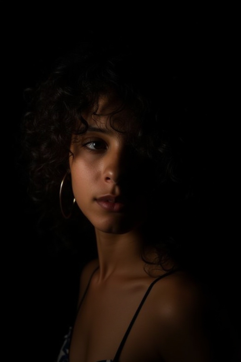 A Latina woman,  her curly hair spilling over her shoulders,  the only light softly tracing her face against the black bac...