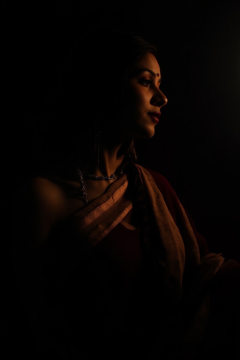 An Indian woman,  draped in a simple sari,  the dim light reflecting off her jewelry on Tensor.Art