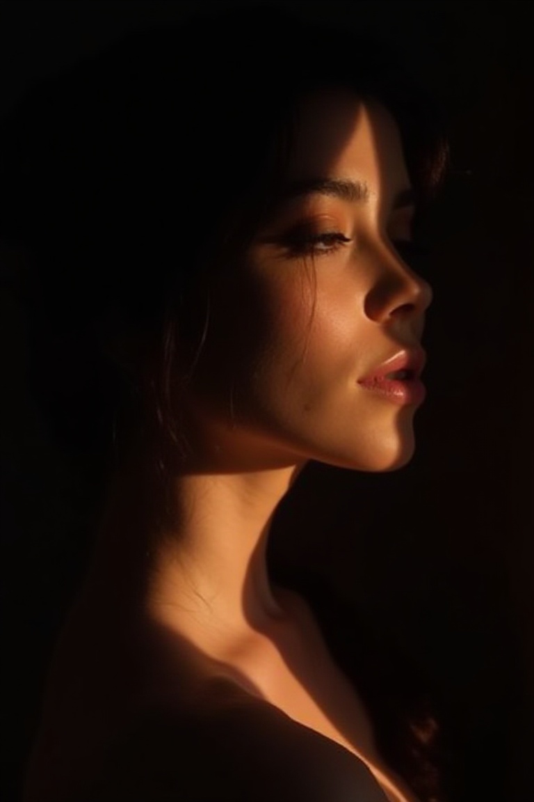 A Caucasian woman,  light softly lit as the light grazes his cheek,  casting long shadows on the rest of his face on Tenso...