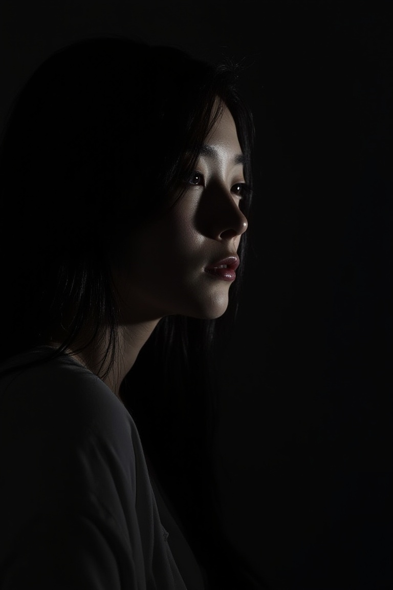 A Korean girl,  her delicate features barely visible in the shadows,  the light outlining her profile and long black hair...