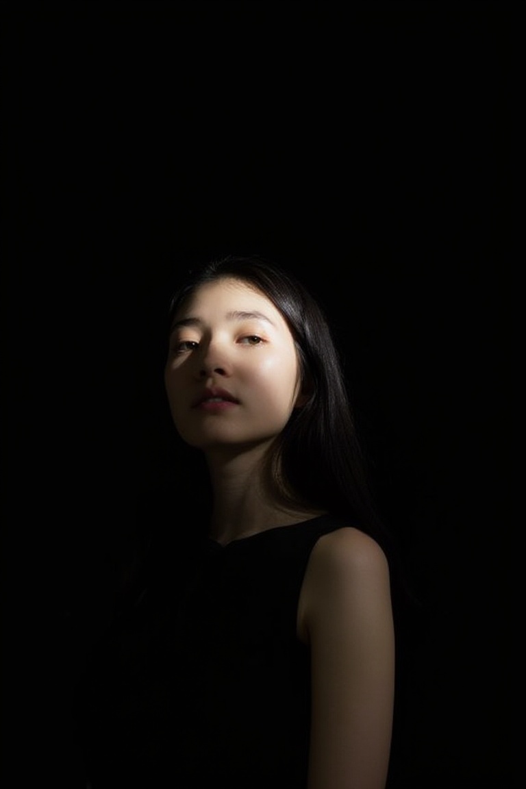 A Korean girl,  her delicate features barely visible in the shadows,  the light outlining her profile and long black hair...