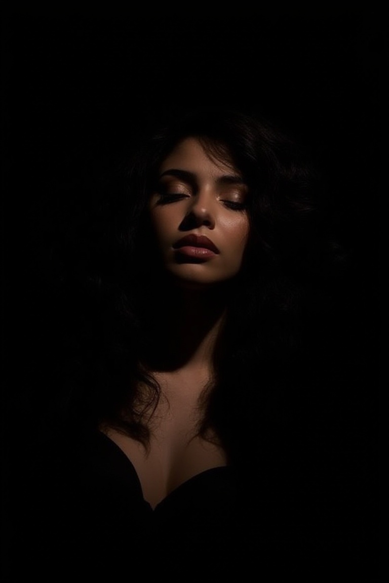A Latina woman,  her curly hair spilling over her shoulders,  the only light softly tracing her face against the black bac...