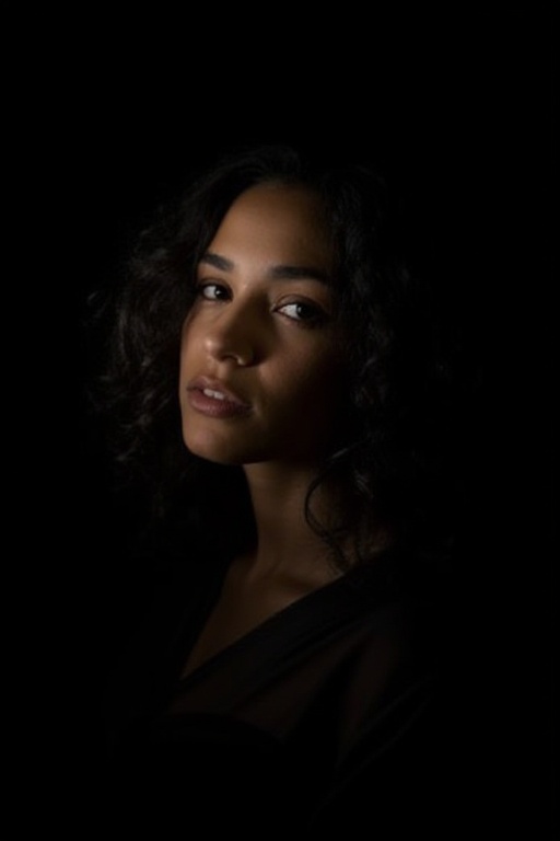 A Latina woman,  her curly hair spilling over her shoulders,  the only light softly tracing her face against the black bac...