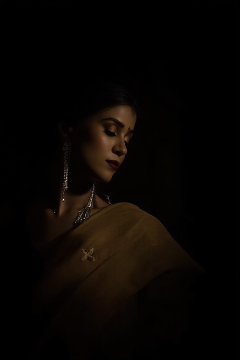 An Indian woman,  draped in a simple sari,  the dim light reflecting off her jewelry on Tensor.Art