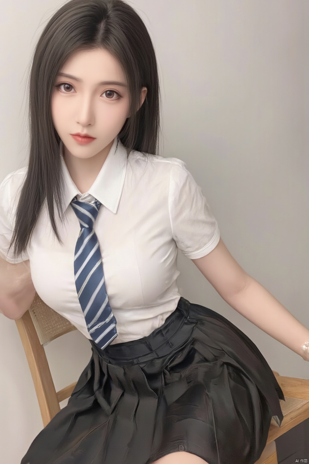 This is a true high-definition photo, a clear phone selfie with a daily style. In the photo, a woman is wearing a white short sleeved shirt and a black pleated skirt, with a slightly open neckline. She has long black hair and sits on a wooden chair, posing sexy and facing the camera with her eyes fixed on it. She looks about 20 years old, with a slim figure and a seductive expression. Her clothing includes a white short sleeved shirt, a blue and white striped tie, and a black pleated skirt. Her hair flows gracefully without bangs.,Xtifa,Xdajisi,Xluxueqi,XAerith,Xyuanyao,Xxiaolongnv
