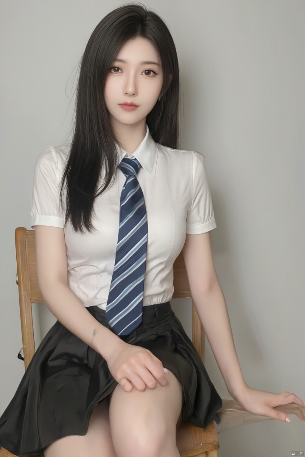 This is a true high-definition photo, a clear phone selfie with a daily style. In the photo, a woman is wearing a white short sleeved shirt and a black pleated skirt, with a slightly open neckline. She has long black hair and sits on a wooden chair, posing sexy and facing the camera with her eyes fixed on it. She looks about 20 years old, with a slim figure and a seductive expression. Her clothing includes a white short sleeved shirt, a blue and white striped tie, and a black pleated skirt. Her hair flows gracefully without bangs.,Xtifa,Xdajisi,Xluxueqi,XAerith,Xyuanyao,Xxiaolongnv