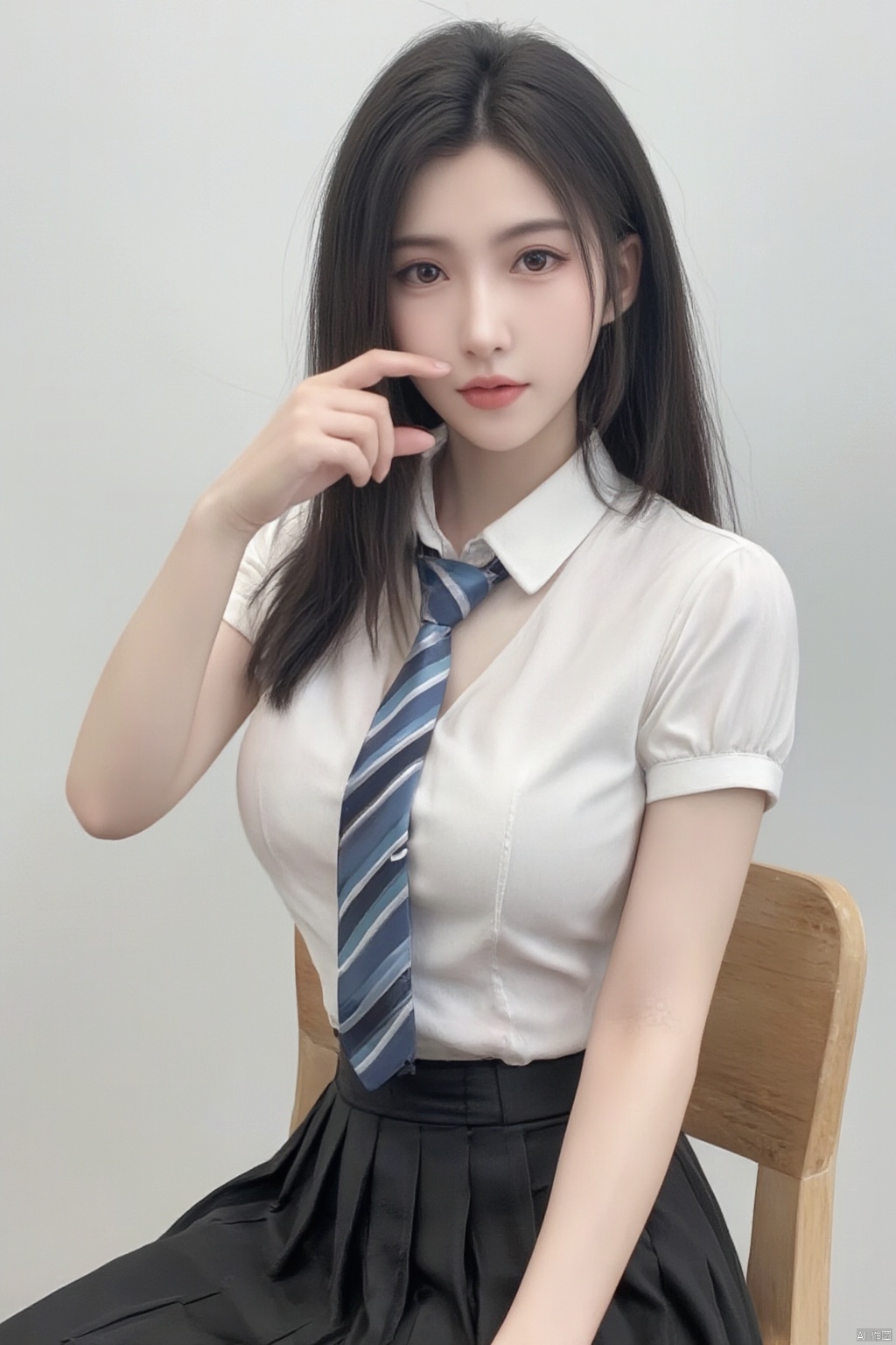 This is a true high-definition photo, a clear phone selfie with a daily style. In the photo, a woman is wearing a white short sleeved shirt and a black pleated skirt, with a slightly open neckline. She has long black hair and sits on a wooden chair, posing sexy and facing the camera with her eyes fixed on it. She looks about 20 years old, with a slim figure and a seductive expression. Her clothing includes a white short sleeved shirt, a blue and white striped tie, and a black pleated skirt. Her hair flows gracefully without bangs.,Xtifa,Xdajisi,Xluxueqi,XAerith,Xyuanyao,Xxiaolongnv