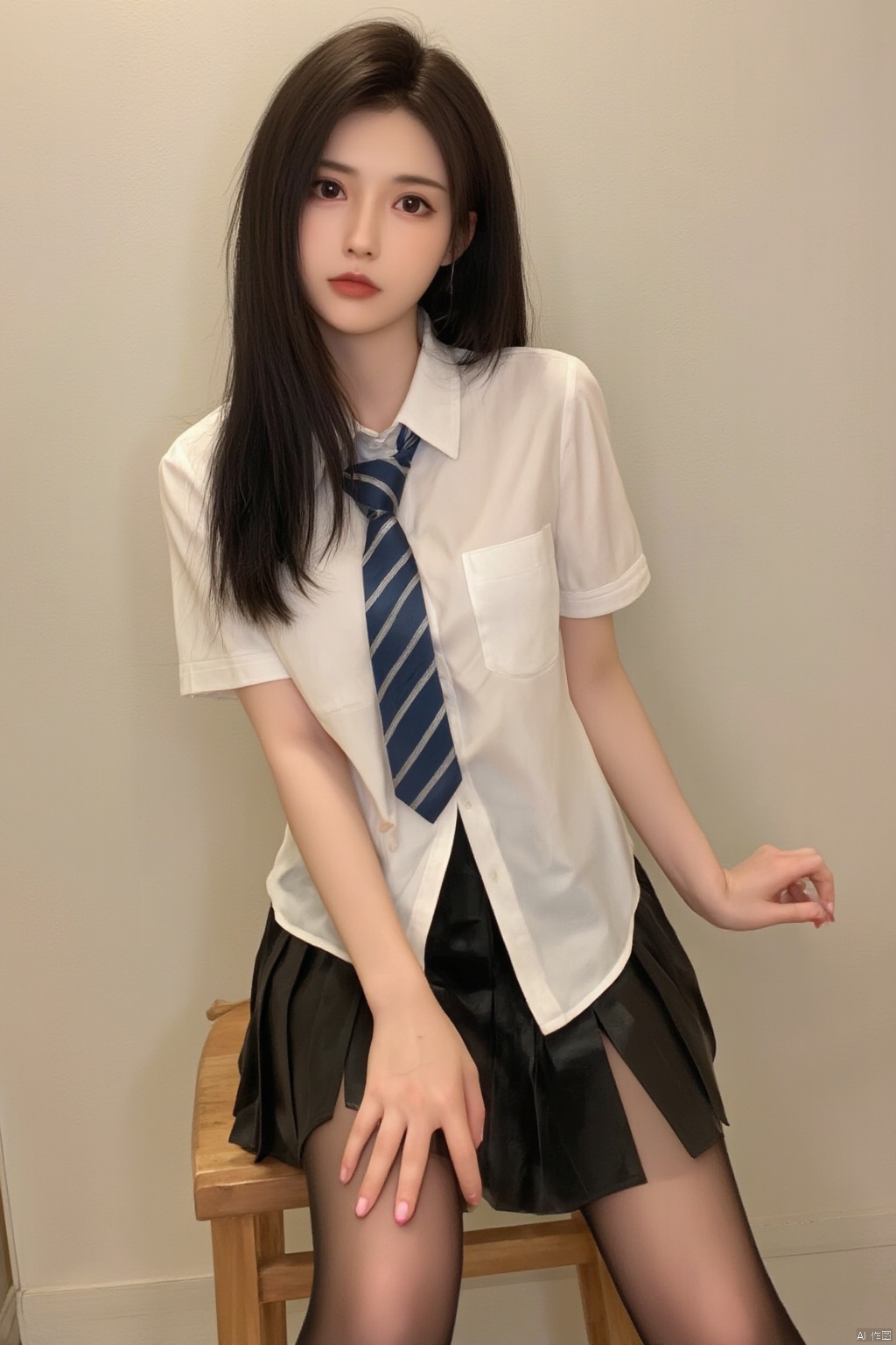 This is a true high-definition photo, a clear phone selfie with a daily style. In the photo, a woman is wearing a white short sleeved shirt and a black pleated skirt, with a slightly open neckline. She has long black hair and sits on a wooden chair, posing sexy and facing the camera with her eyes fixed on it. She looks about 20 years old, with a slim figure and a seductive expression. Her clothing includes a white short sleeved shirt, a blue and white striped tie, and a black pleated skirt. Her hair flows gracefully without bangs.,Xtifa