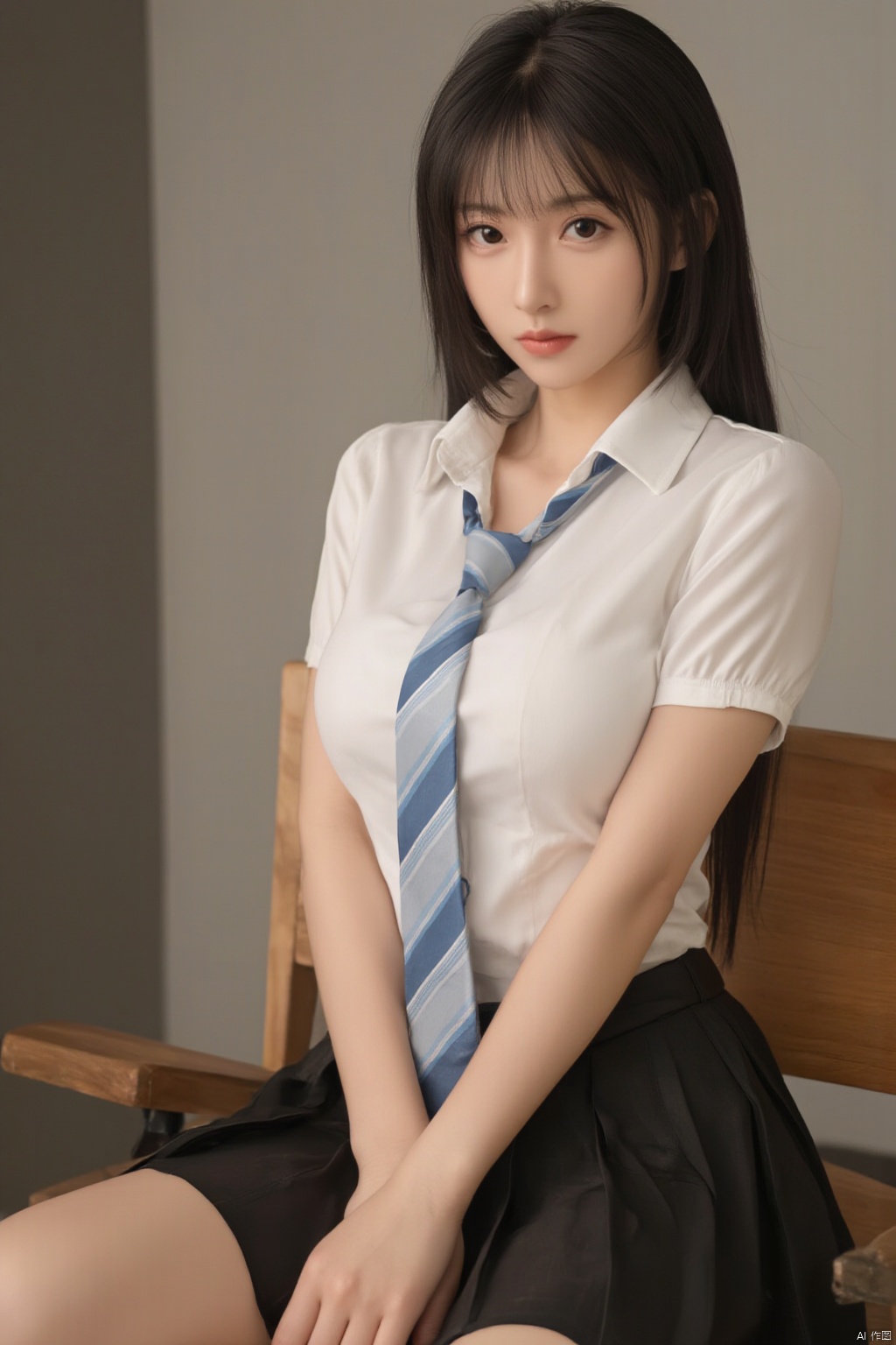 This is a true high-definition photo, a clear phone selfie with a daily style. In the photo, a woman is wearing a white short sleeved shirt and a black pleated skirt, with a slightly open neckline. She has long black hair and sits on a wooden chair, posing sexy and facing the camera with her eyes fixed on it. She looks about 20 years old, with a slim figure and a seductive expression. Her clothing includes a white short sleeved shirt, a blue and white striped tie, and a black pleated skirt. Her hair flows gracefully without bangs.,Xtifa