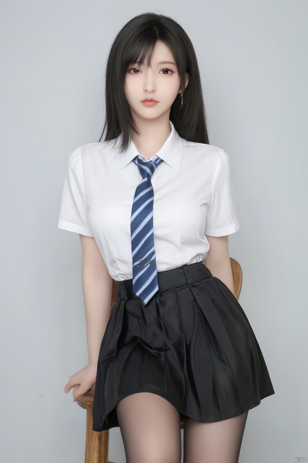 This is a true high-definition photo, a clear phone selfie with a daily style. In the photo, a woman is wearing a white short sleeved shirt and a black pleated skirt, with a slightly open neckline. She has long black hair and sits on a wooden chair, posing sexy and facing the camera with her eyes fixed on it. She looks about 20 years old, with a slim figure and a seductive expression. Her clothing includes a white short sleeved shirt, a blue and white striped tie, and a black pleated skirt. Her hair flows gracefully without bangs.,Xtifa,Xdajisi,Xluxueqi,XAerith,Xyuanyao,Xxiaolongnv