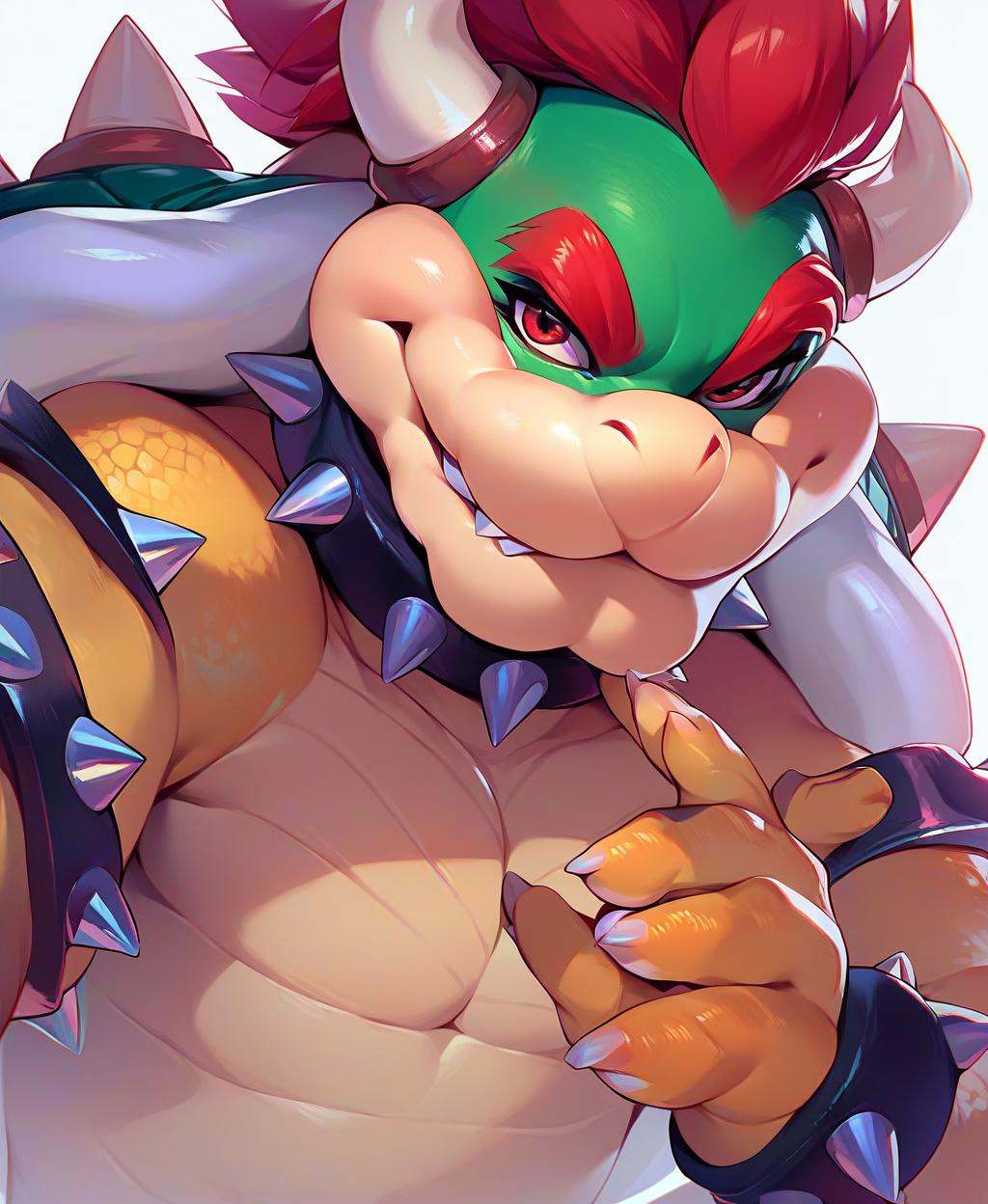 score_9, score_8_up, score_7_up, score_6_up, score_5_up, score_4_up, source_furry, hi res, side angle, rimlight, solo, Bowser, Spiked Bracelets, Spiked Collar, Spiky Shell, red eyes, focus, solo, confident smile, mouth closed