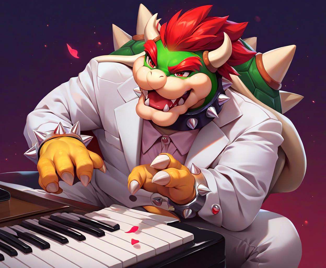 score_9, score_8_up, score_7_up, score_6_up, score_5_up, score_4_up, source_furry, hi res, side angle, rimlight, solo, Bowser, Spiked Bracelets, Spiked Collar, Spiky Shell, red eyes, open mouth, wedding suit, dark background, musical note, sitting, piano, soulful, playing piano