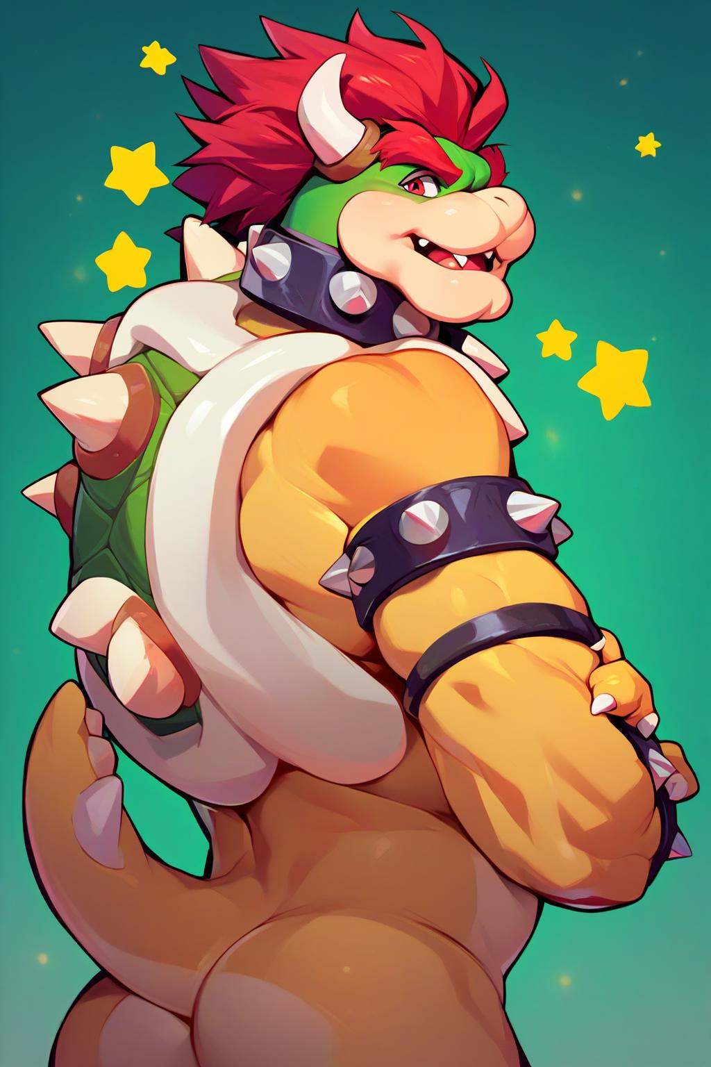 score_9, score_8_up, score_7_up, score_6_up, score_5_up, score_4_up, source_furry, hi res, green background, yellow stars, sfw, side angle, rimlight, solo, Bowser, Spiked Bracelets, Spiked Collar, Spiky Shell, red eyes, open mouth, looking back, looking at viewer, anthro, male, arms crossed
