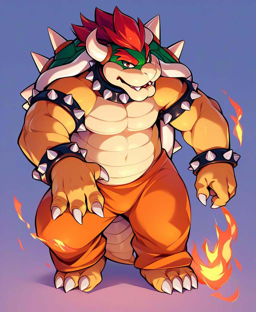 score_9, score_8_up, score_7_up, score_6_up, score_5_up, score_4_up, source_furry, hi res, side angle, rimlight, solo, Bowser, Spiked Bracelets, Spiked Collar, Spiky Shell, red eyes, focus, solo, fire, full body, holding fire, orange trousers, pectorals
