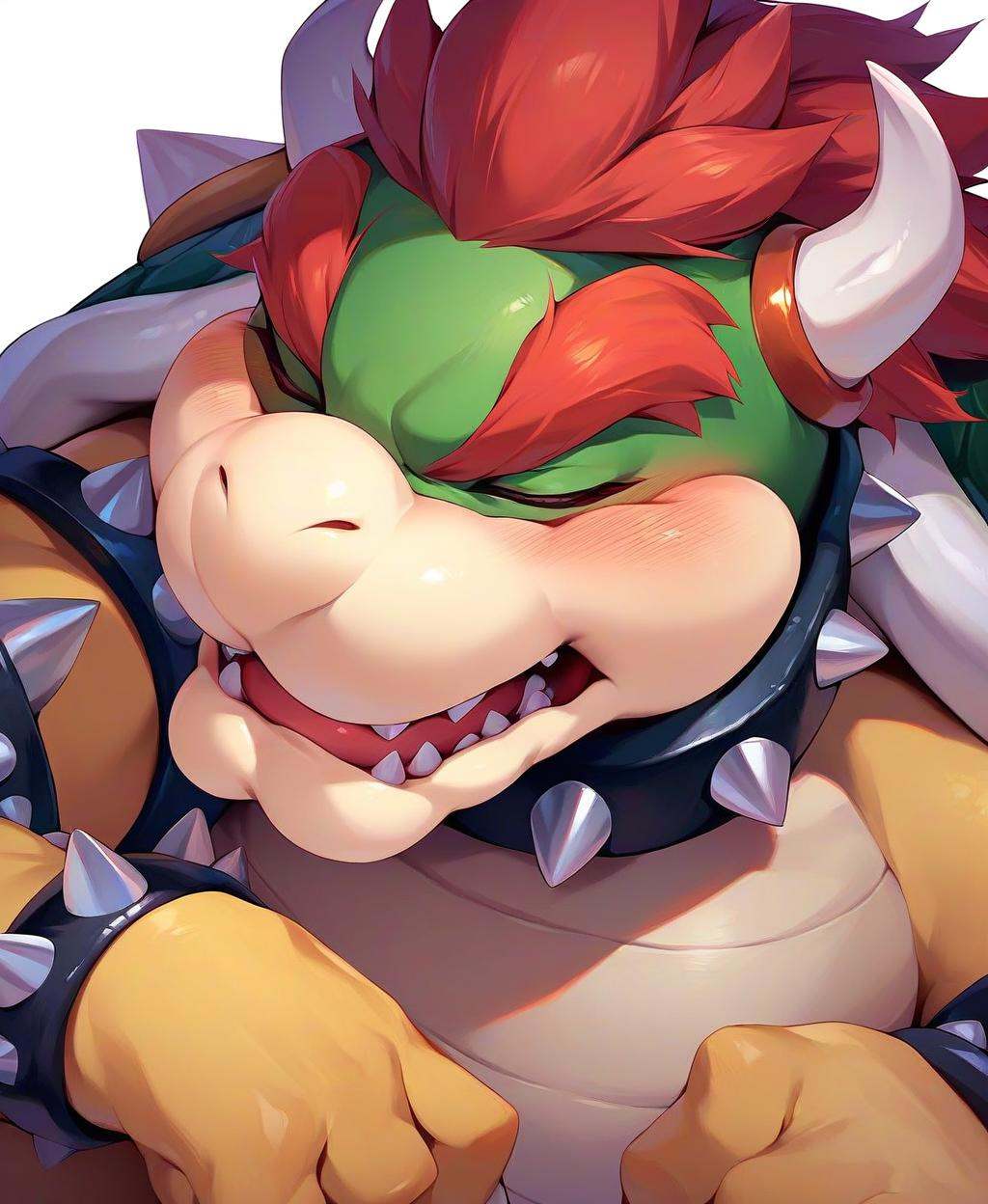 score_9, score_8_up, score_7_up, score_6_up, score_5_up, score_4_up, source_furry, hi res, side angle, rimlight, solo, Bowser, Spiked Bracelets, Spiked Collar, Spiky Shell, red eyes, focus, closed eyes, solo, blush, open mouth, white background
