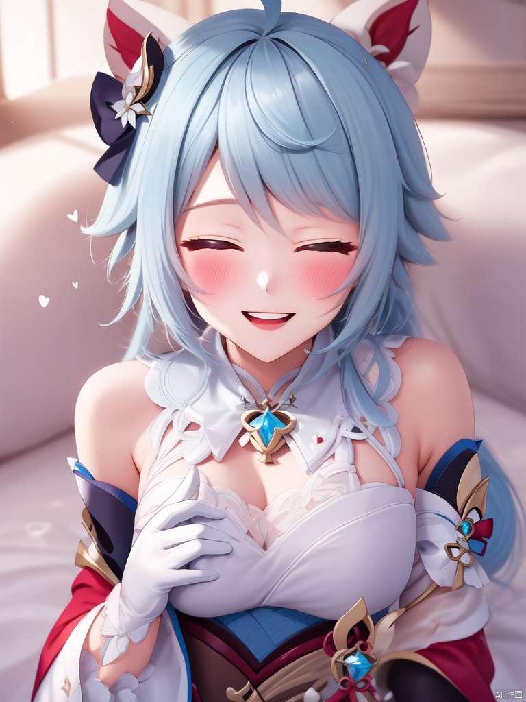 quality,1girl,beautiful color,amazing detailed,aesthetic,detailed,best quality, 1girl, furina \(genshin impact\), looking at viewer, :d,^ ^,ahoge,blush,closed eyes,heart,heart hair ornament,open mouth,smile,teeth,white gloves,