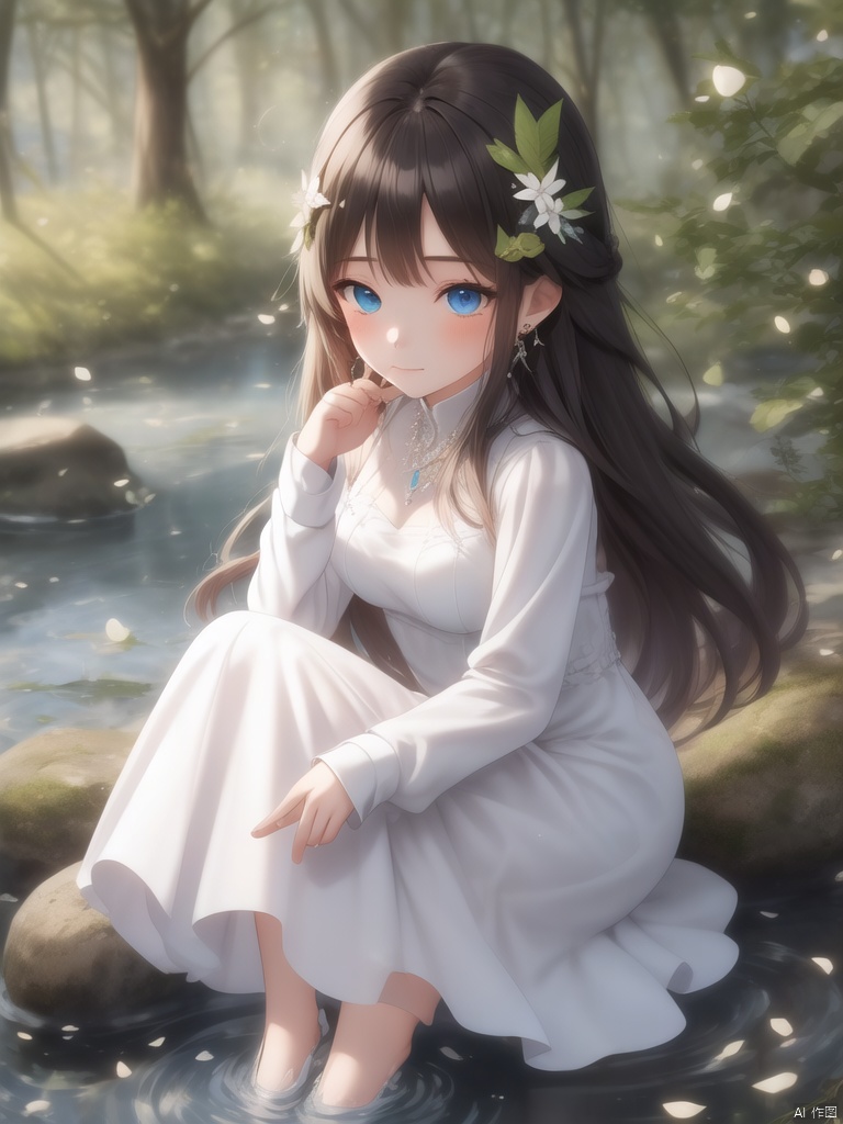 8K, 1girl, solo,k2, long hair, blue eyes, brown hair, black hair, hair ornament, long sleeves, dress, jewelry, closed mouth, full body, earrings, outdoors, water, necklace, chibi, white dress, tree, petals, leaf, rock, ripples, falling leaves