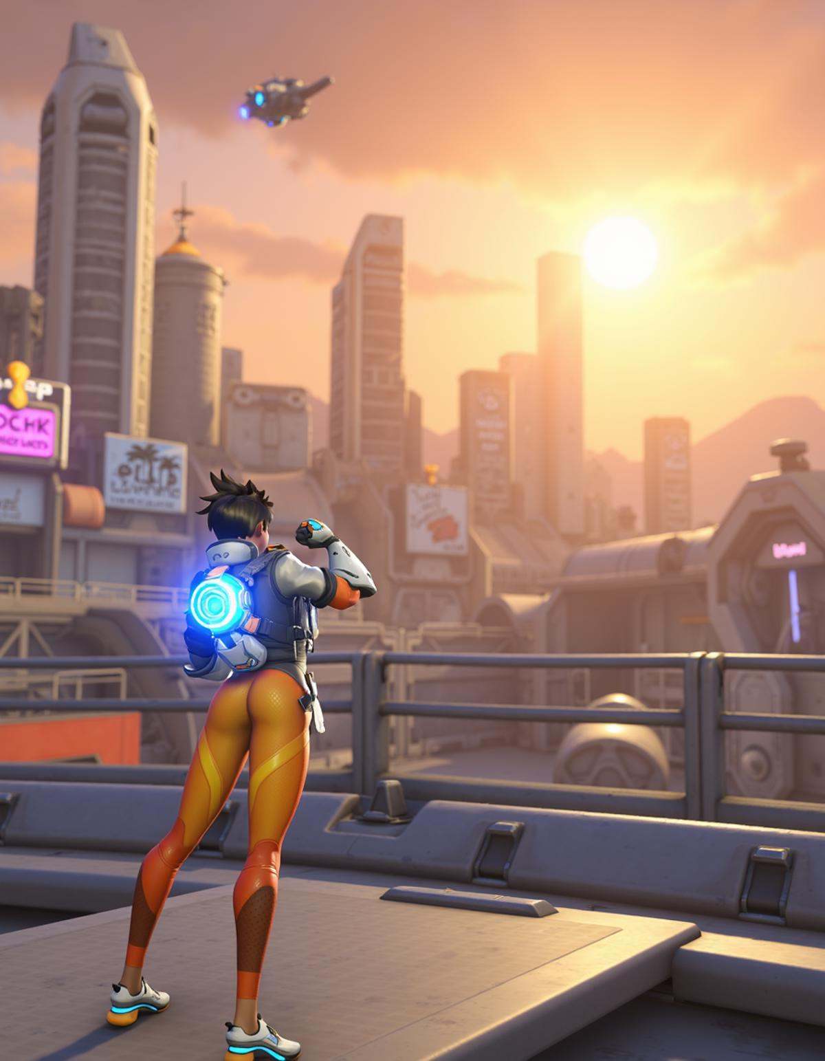 Tracer from Overwatch 2 standing on a neon-lit platform,  overlooking a vast cyberpunk metropolis. The city is filled with...