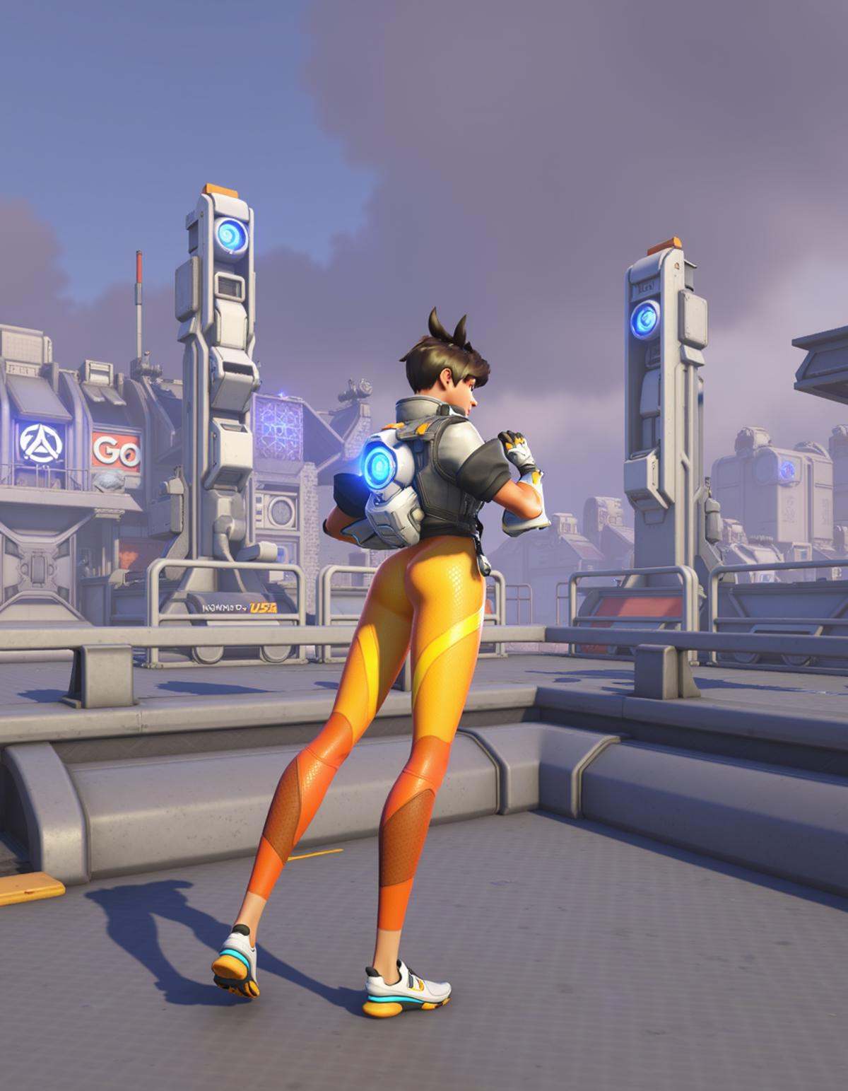 Tracer from Overwatch 2 stands confidently on a sleek,  futuristic platform,  overlooking a sprawling cyberpunk cityscape....