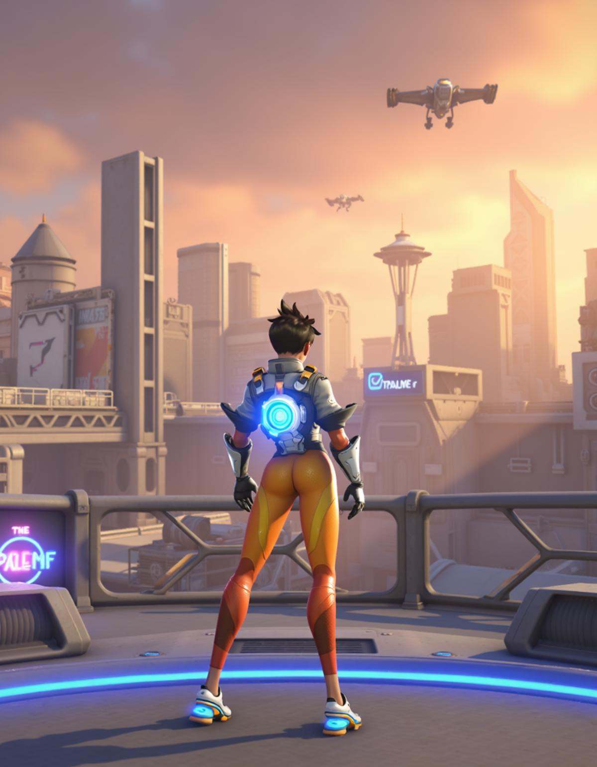 Tracer from Overwatch 2 standing on a neon-lit platform,  overlooking a vast cyberpunk metropolis. The city is filled with...