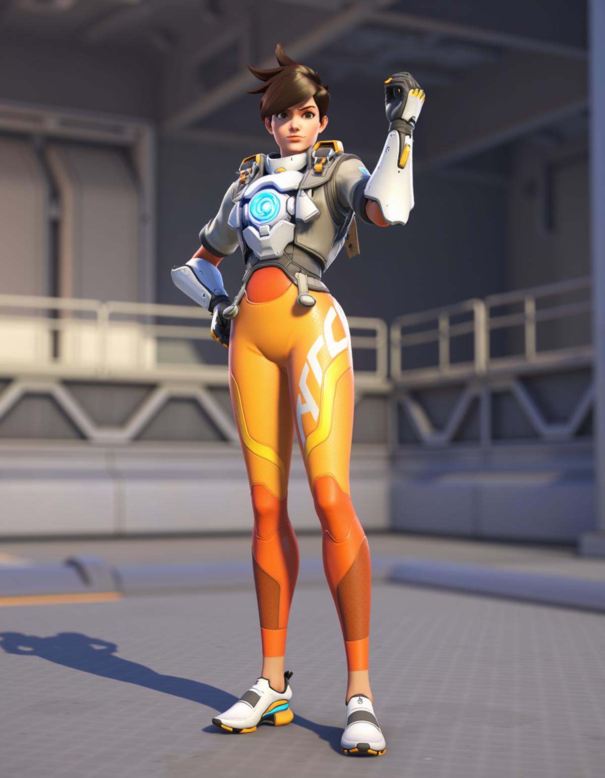 Tracer stands on platform,  close camera to the face,  fit body on Tensor.Art