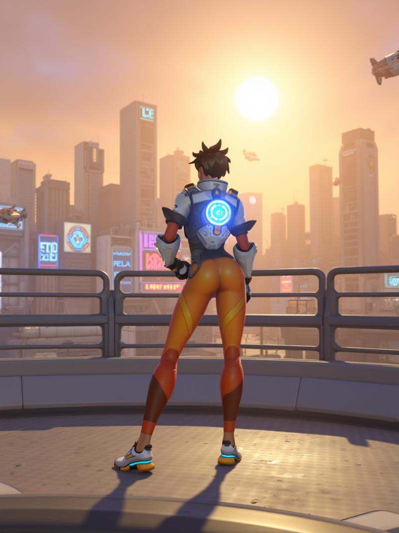 Tracer from Overwatch 2 standing on a neon-lit platform,  overlooking a vast cyberpunk metropolis. The city is filled with...