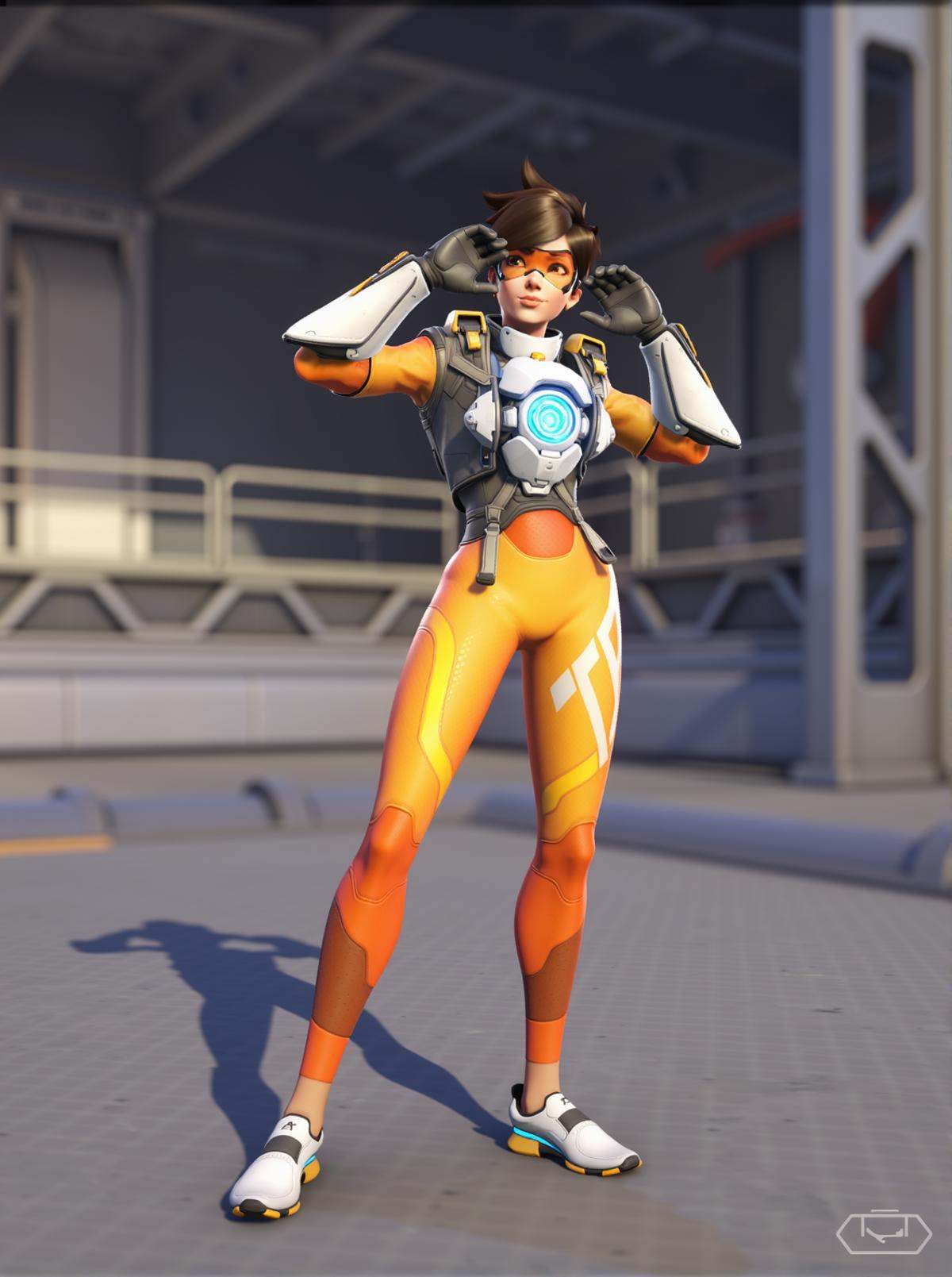 Tracer stands on platform,  close camera to the face,  gloves on Tensor.Art