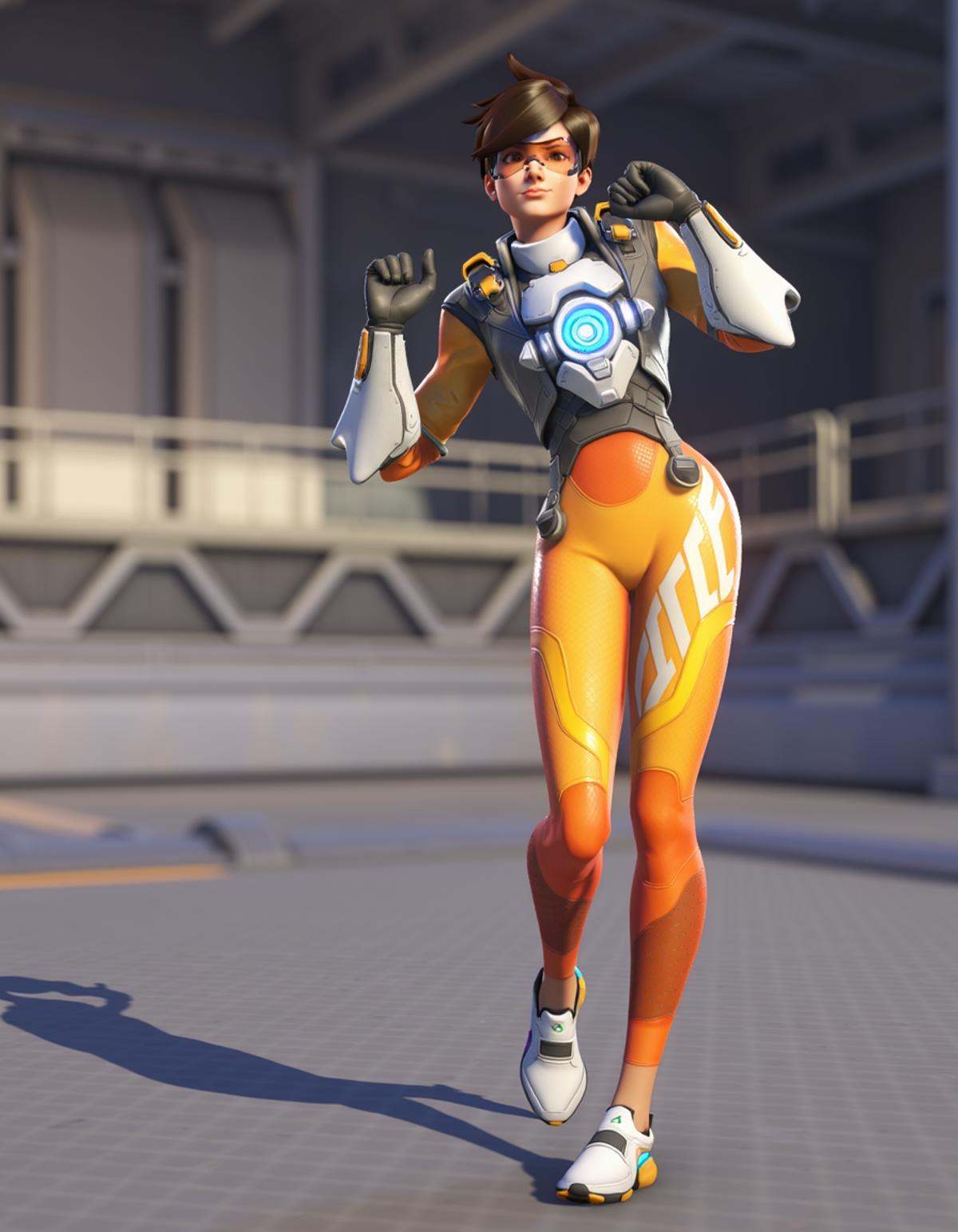 Tracer stands on platform,  close camera to the face,  gloves on Tensor.Art