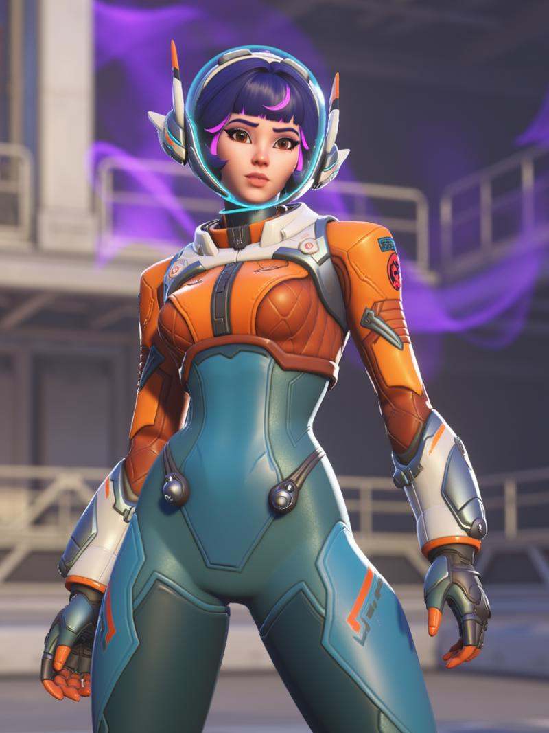 Juno from Overwatch 2, inspired by the reference, standing in a confident pose with futuristic armor. The digital art should emphasize sleek lines and bold colors, showcasing her dynamic energy. Unique design elements should highlight her as a powerful and stylish hero, with an intense, vibrant backdrop, <lora:juno_overwatch_2:1>