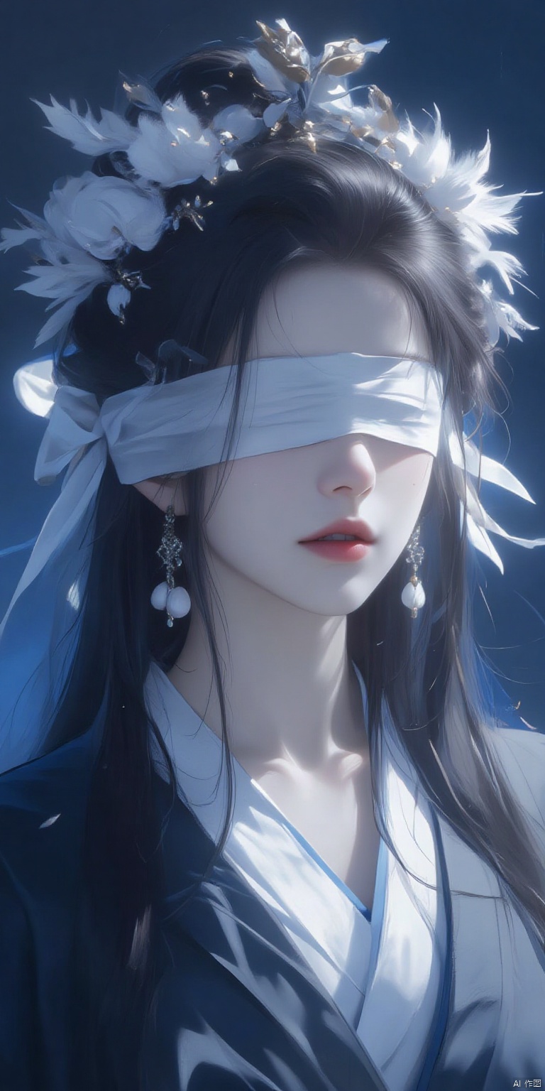 BZDSMHF
a digital painting captures a woman's face
adorned with a white headband adorned with feathers and a white ribbon. Her hair is cascading over her shoulders
adding a touch of beauty to the scene. The woman's eyes are covered by a white blindfold
while her lips are painted a deep red. She is dressed in a black kimono with a blue shirt underneath. The backdrop is a deep blue
creating a stark contrast to the woman's white dress.

