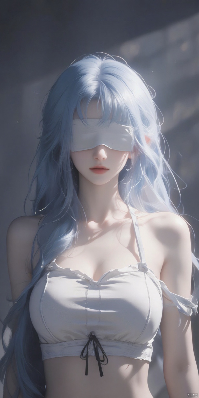 BZDSMHF
a woman with long
light blue hair
wearing a white strapless bra with a black bow at the bottom. Her eyes are covered by a white blindfold
adding a touch of privacy to the scene. The backdrop is a dark gray
with a light shining on the right side of the image
creating a stark contrast.
