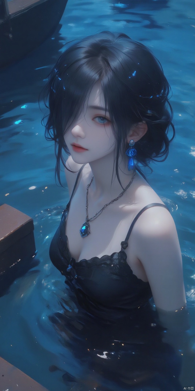 BZDSMHF
a digital painting of a woman with long dark hair and blue eyes is seen swimming in a pool of water. The woman's hair is pulled back
cascading over her shoulders
framing her face. She is wearing a black bra
adorned with a black necklace and a black pendant. Her left ear is adorned with blue earrings
adding a pop of color to the scene. The backdrop of the scene is a deep blue
creating a striking contrast to the woman's body. To the left of the woman
a brown boat can be seen
adding depth to the composition.
