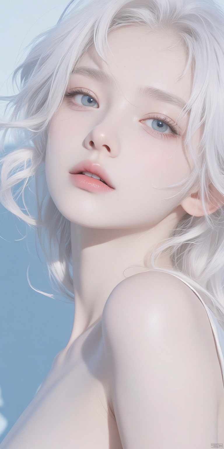 BZDSMHF
a medium-angle shot of a woman's face is depicted in a close-up shot. The woman's eyes are a piercing blue and her long wavy blonde hair cascades over her shoulders. Her lips are a vibrant shade of pink adding a pop of color to the scene. The backdrop is a light blue creating a stark contrast to the woman's white skin. The shadow of the woman is cast on the left side of the image adding depth to the composition.