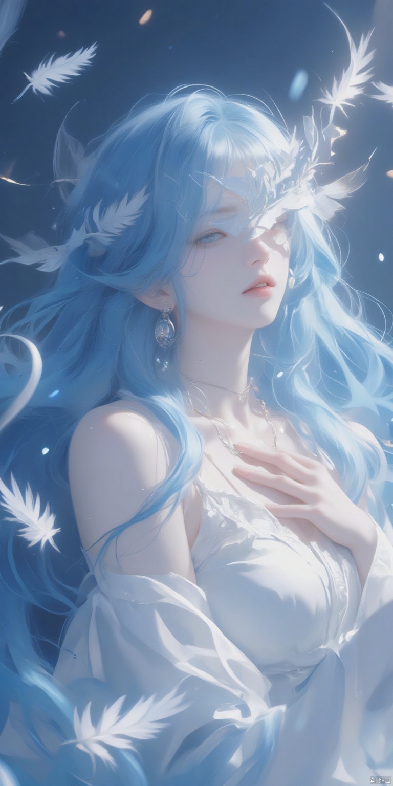 BZDSMHF
An animated image of a woman with long blue hair and a white mask on her face. The woman's face is covered by the mask
and she is wearing a white dress with a gold necklace around her neck. The background is a deep blue
and there are white feathers floating in the air around the woman.
